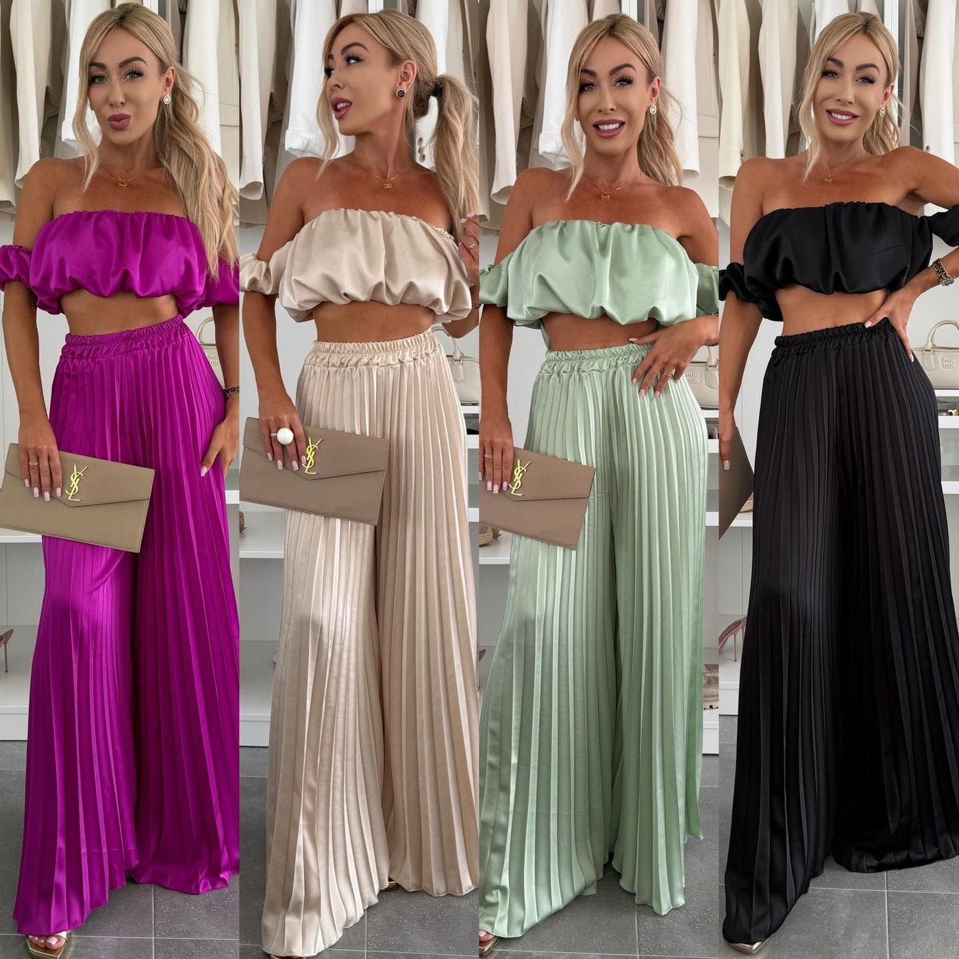 Delena™ | Conjunto satinado con top off-shoulder y pantalón plisado
